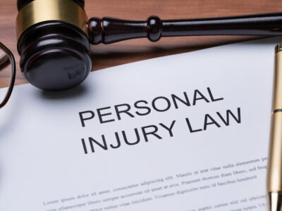 A gavel on a sheet of paper that has a heading of "personal injury law."