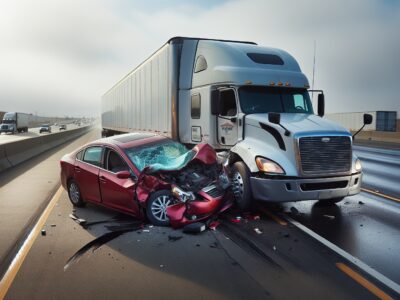 Red passenger car in an angle accident with a semi-truck on the highway.