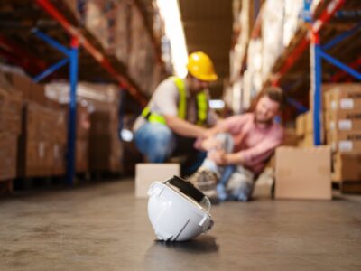 Injured warehouse worker holding his own knee.