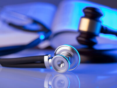 A stethoscope lying on a table next to a gavel.