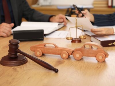 Wooden cars with judge’s gavel on lawyer’s table during meeting