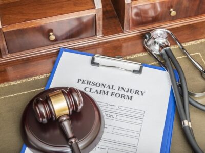 A "Personal Injury Claim Form" on a clipboard, next to a gavel and a stethoscope, on a wooden desk.